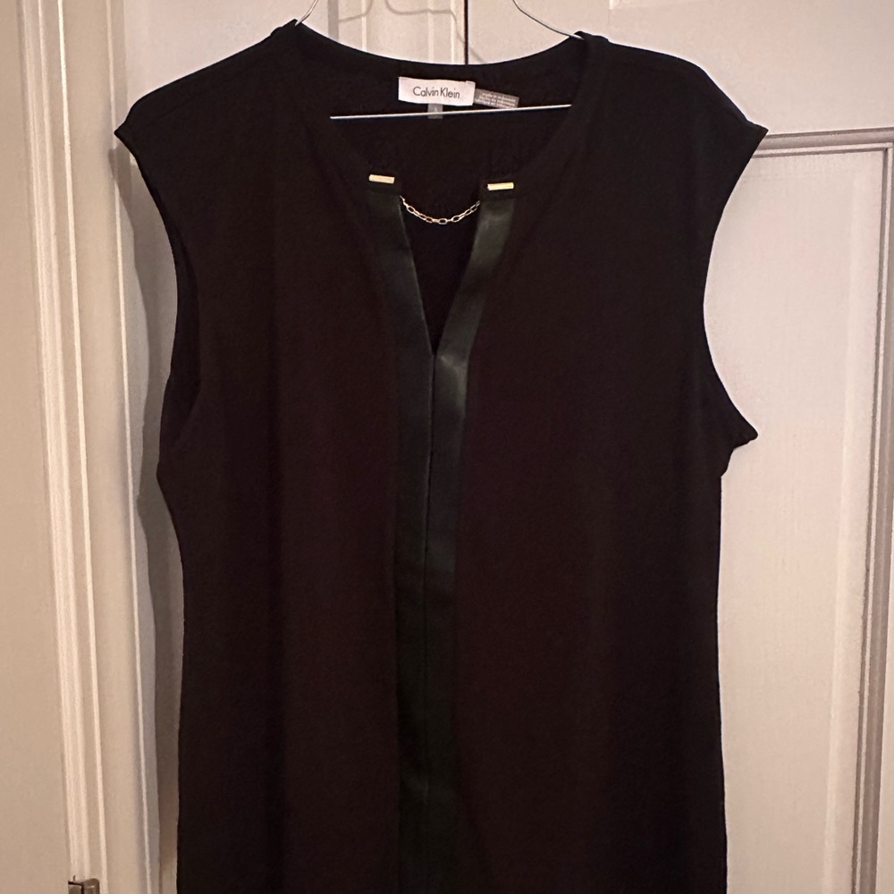 Calvin Klein Black Sleeveless Blouse with Leather Trim